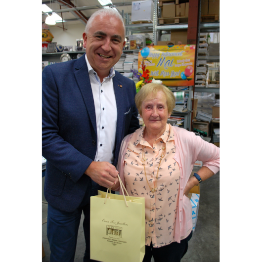 Mai Sarsfield Retires After 28 Years with Anglo Printers. Padraic Kierans & Mai Sarsfield